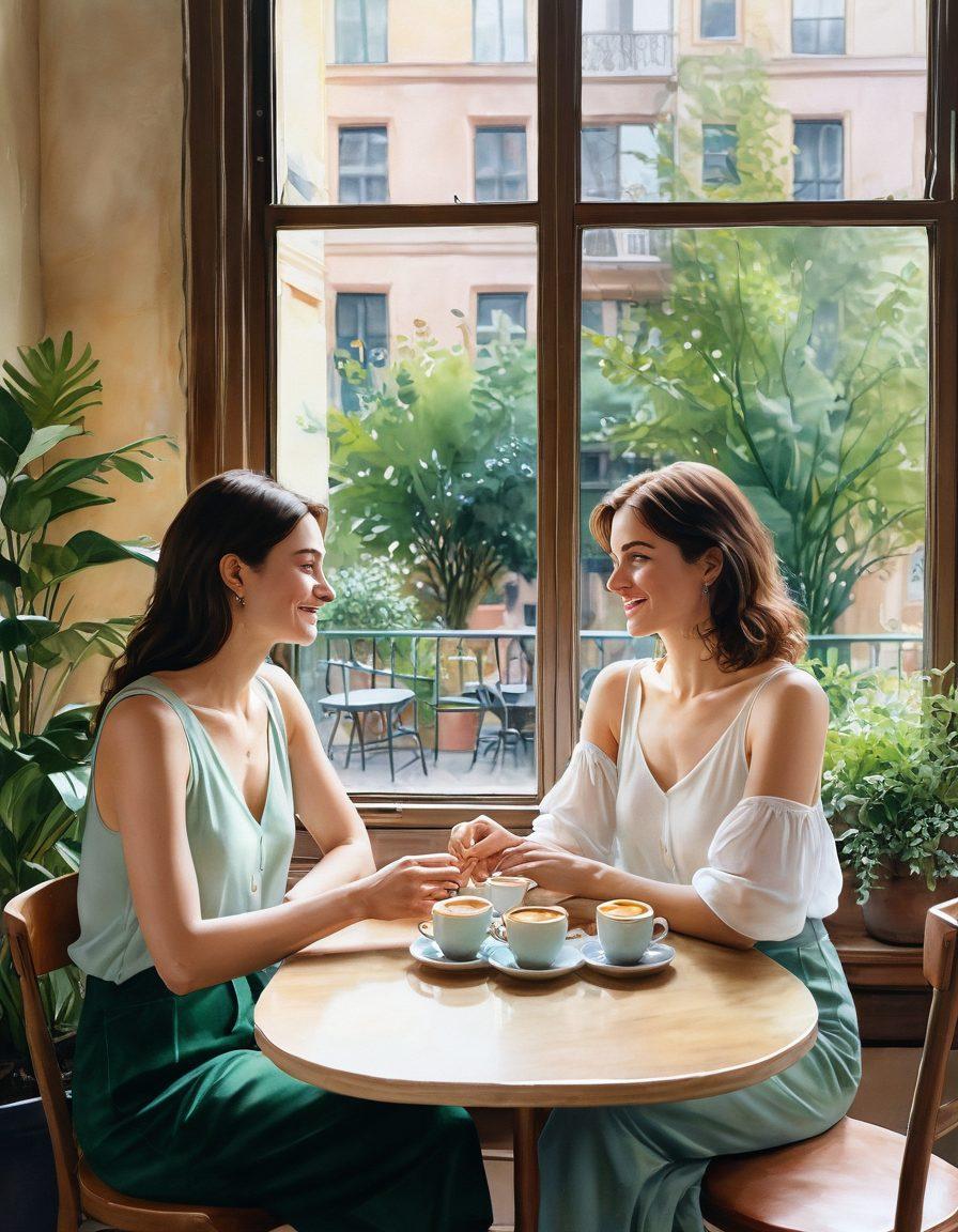 A serene scene featuring two women sharing a heartfelt conversation in a cozy café, surrounded by soft lighting and warm decor. Include elements like steaming cups of coffee, lush plants, and intimate body language that convey deep connection and warmth. The background should subtly hint at a cityscape outside the window, symbolizing modernity, while the focus remains on their emotional bond. watercolor painting. soft pastel colors. intimate ambiance.