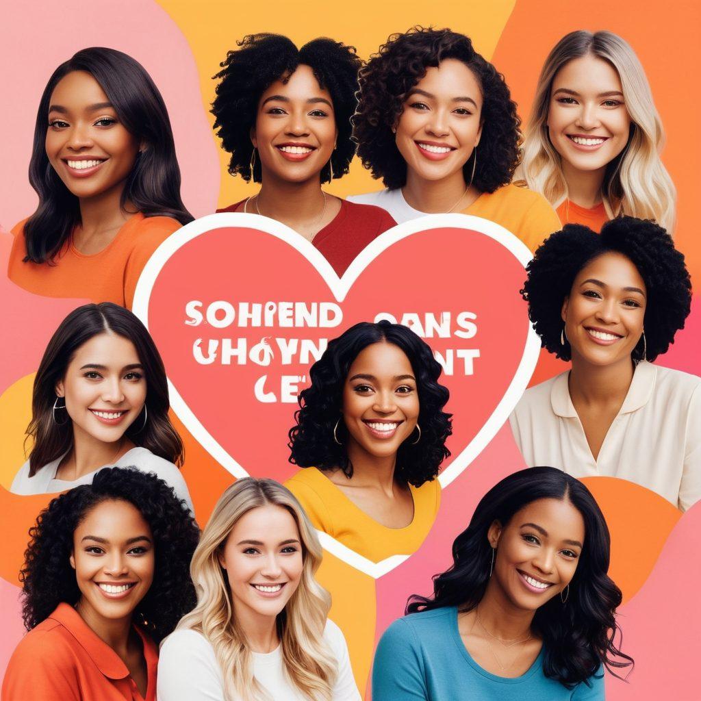 A vibrant collage of diverse women engaging in various networking activities, smiling and supporting each other. Include elements like social media icons, heart symbols, and subtle romantic motifs in the background. Capture the essence of connection and affection, portraying a warm, inviting atmosphere. Use bright colors and a harmonious layout to convey positivity and empowerment. super-realistic. vibrant colors.